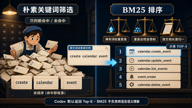 用图书馆卡片比喻普通关键词匹配和 BM25 排序