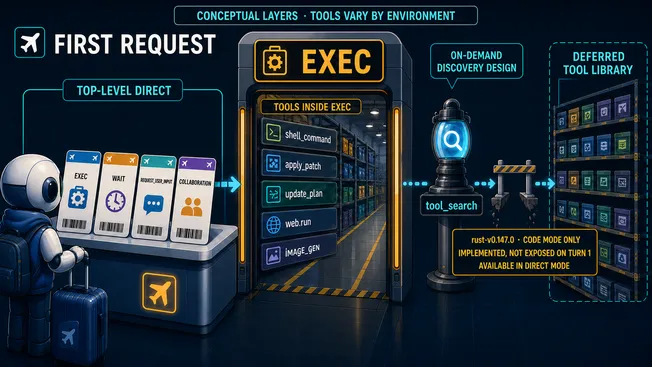 Airport metaphor for Codex top-level and exec-nested tools, with tool_search implemented but not first-turn exposed in stable Code Mode Only