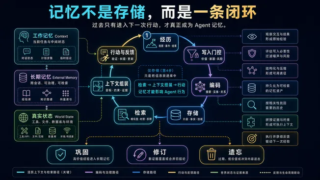 Agent 记忆科学系统图:七步闭环、三种载体与三种治理结果