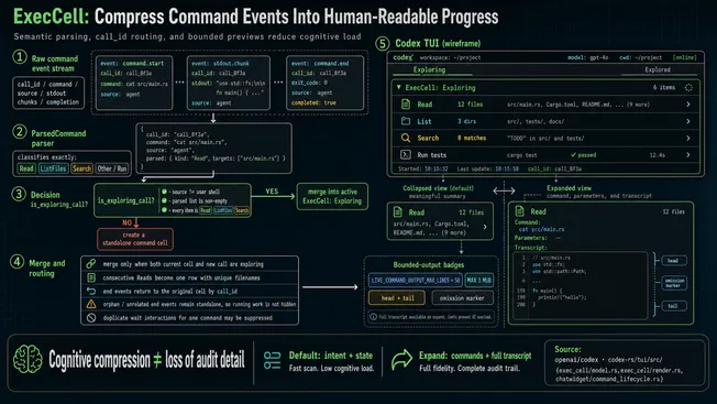 Codex TUI parses command events into Read, List, Search, or Run, then uses call_id routing and bounded previews to render ExecCell