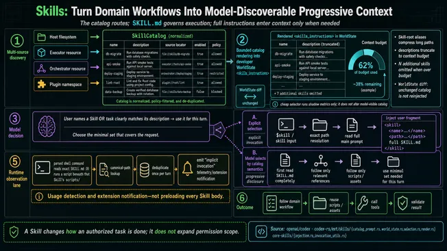 Codex Skills flow from multi-source discovery and bounded catalog rendering to model selection, progressive SKILL.md loading, and explicit or implicit invocation