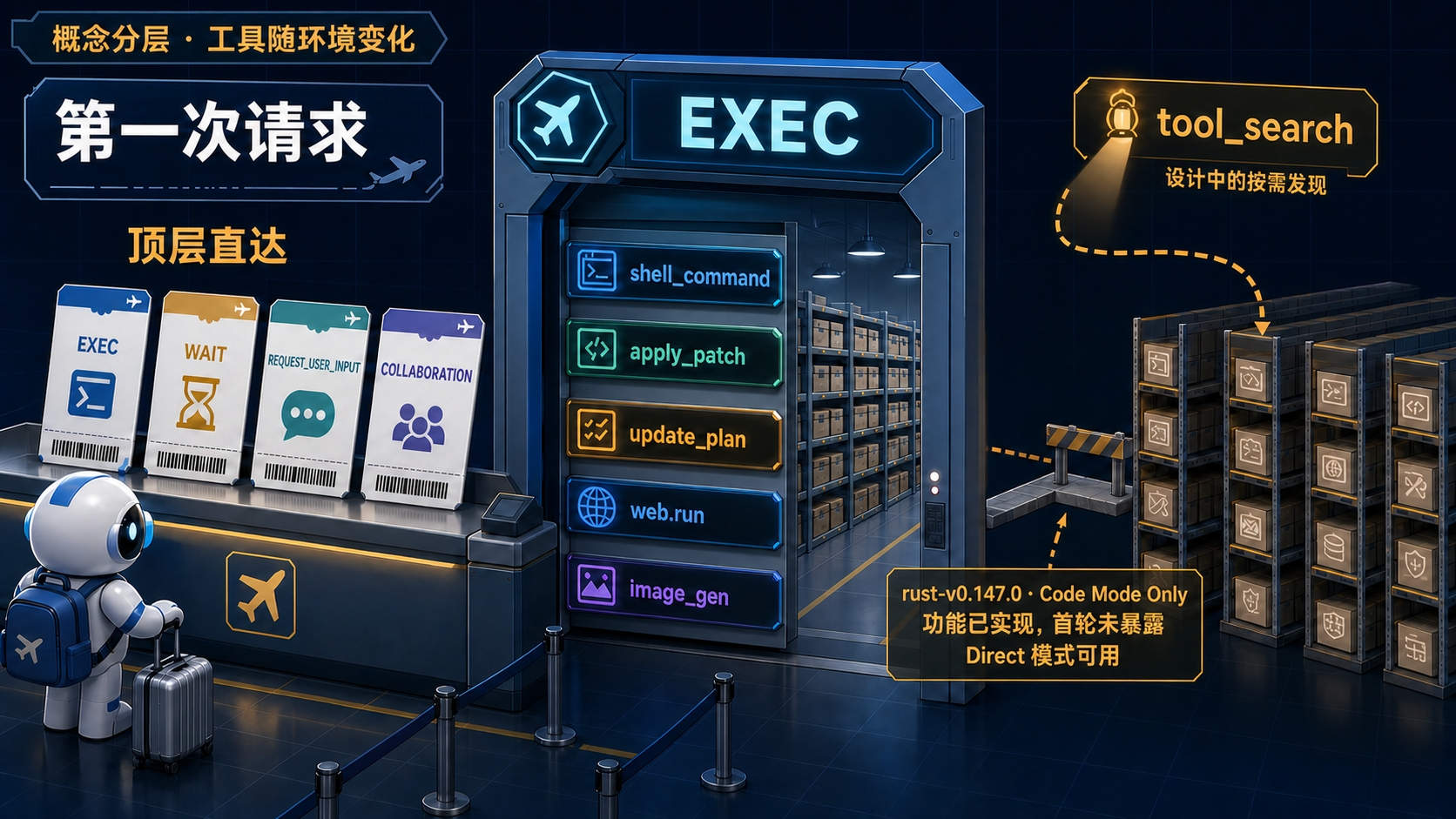 用机场值机比喻说明 Codex 首轮顶层工具、exec 内嵌工具,以及稳定版 Code Mode Only 中 tool_search 已实现但首轮未暴露